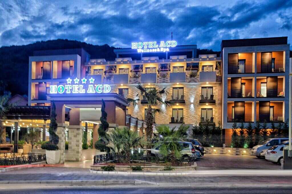 Wellness & Spa Hotel ACD in Herceg Novi, Montenegro, illuminated at dusk